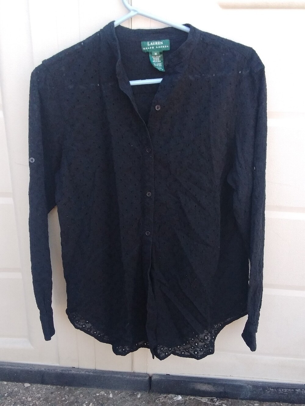 Vintage Lauren Ralph Lauren LRL Black Blouse Eyelet Top Shirt Med Long Sleeve